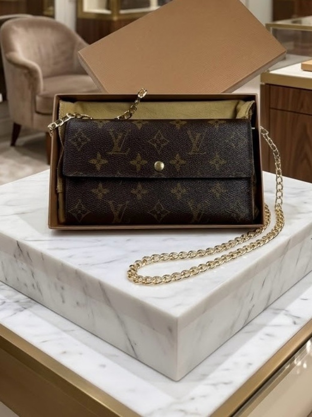 Authentic Louis Vuitton Monogram Sarah Wallet with Box Dust bag, Unbranded Chain - Picture 1 of 15